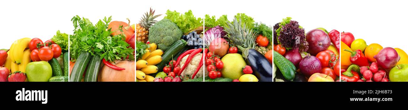 Useful fruits and vegetables divided vertical lines isolated on white background Stock Photo