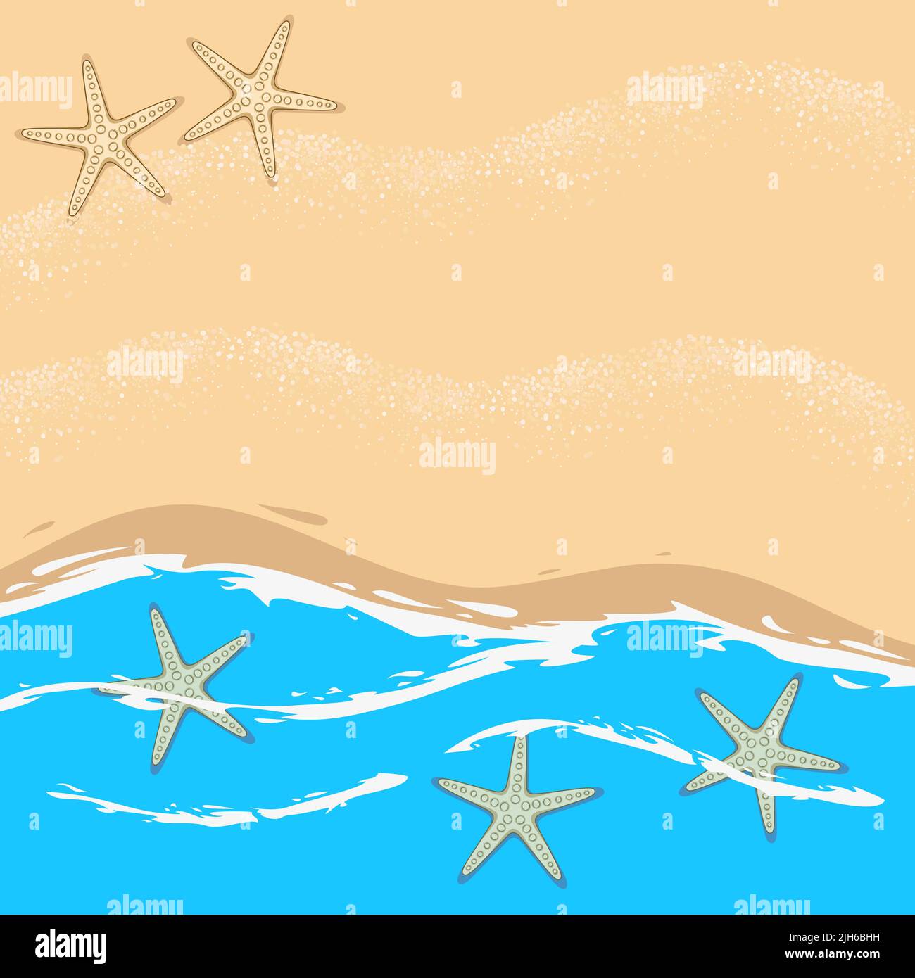Illustration with sea, waves, beach and starfish. Marine vector background. Stock Vector