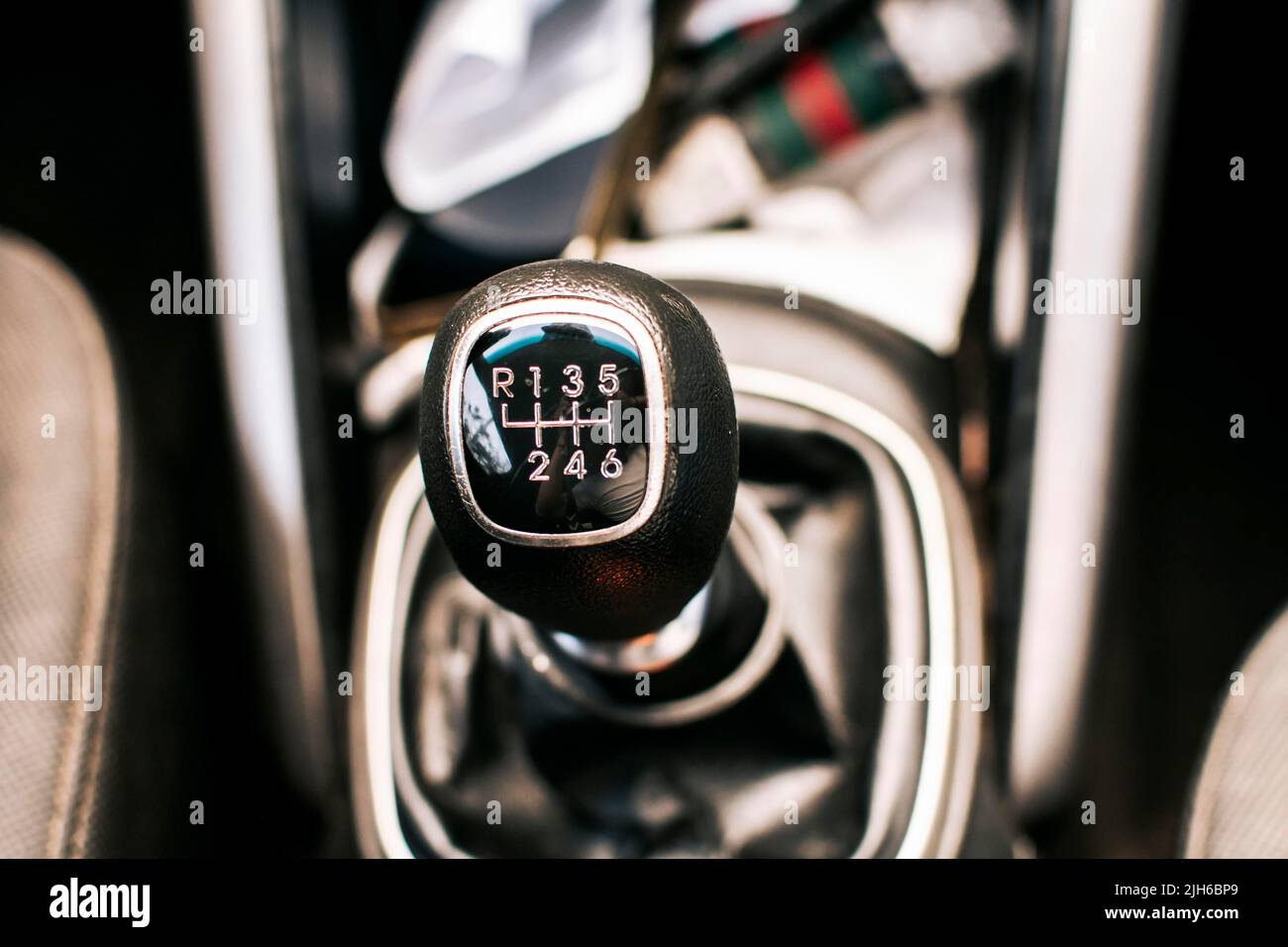 Close up of a car gear stick manual transmission, Manual gear lever of a car. Image of a car gear stick manual transmission Stock Photo