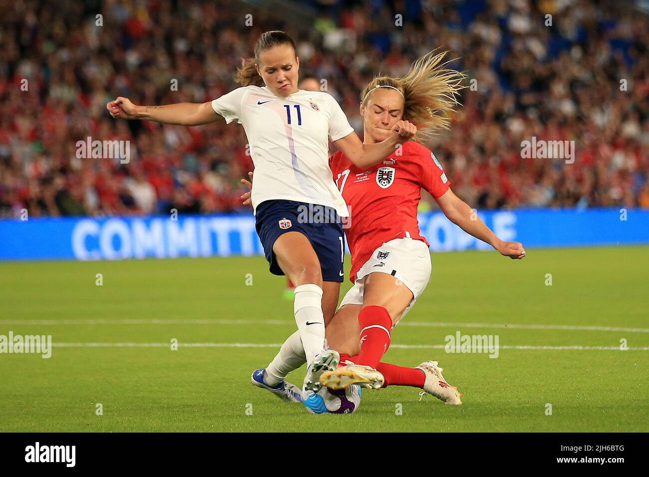 Brighton, UK. 15th July, 2022. Sarah Puntigam of Austria Women (R) is tackled by Guro Reiten of Norway Women (L). UEFA Women's Euro England 2022, group A match, Austria women v Norway women at the Falmer Stadium in Brighton & Hove in Sussex on Friday 15th July 2022. this image may only be used for Editorial purposes. Editorial use only, license required for commercial use. No use in betting, games or a single club/league/player publications. pic by Steffan Bowen/Andrew Orchard sports photography/Alamy Live news Credit: Andrew Orchard sports photography/Alamy Live News Credit: Andrew Orchard sp Stock Photo
