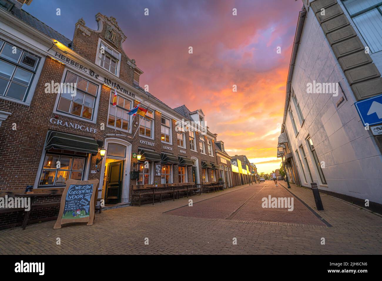 Sunset in the streets of Lemmer in the Netherlands, The Netherlands Stock Photo