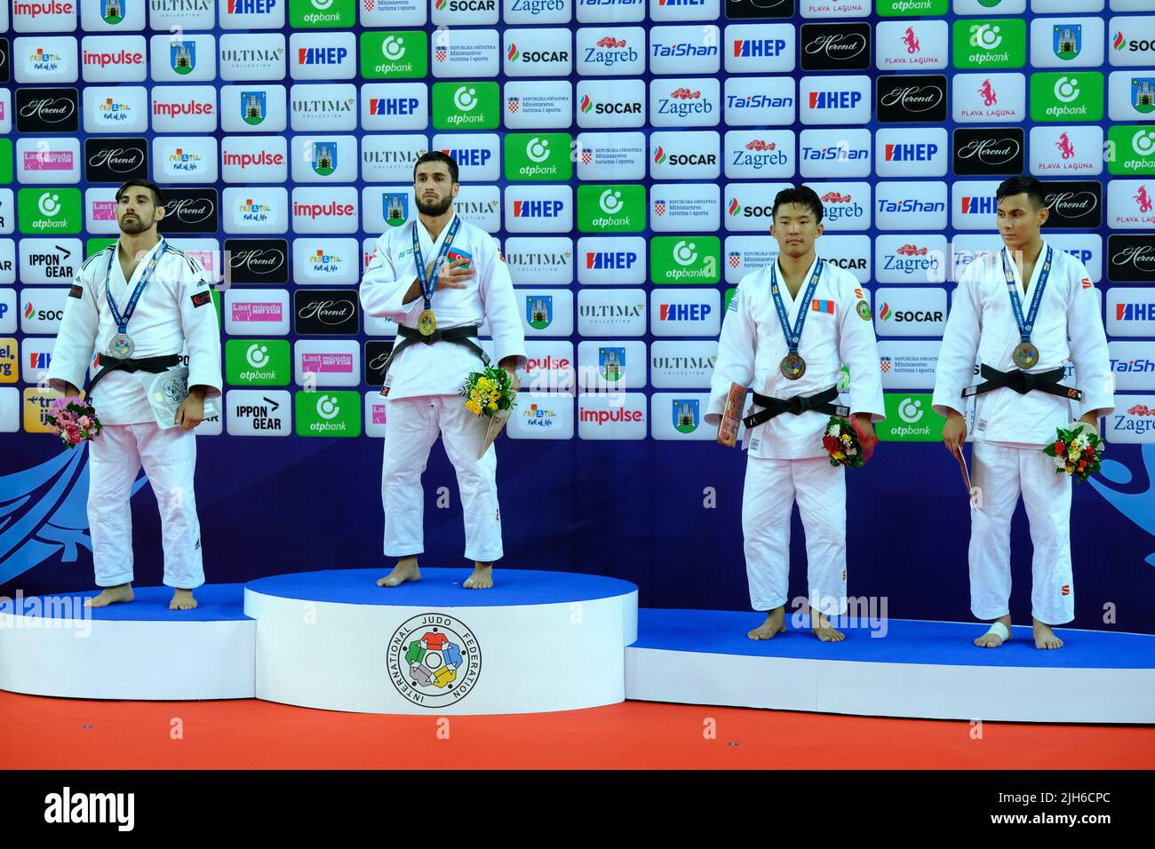 Awarding medals, 66 kg, men, during the IJF World Tour Zagreb Grand ...