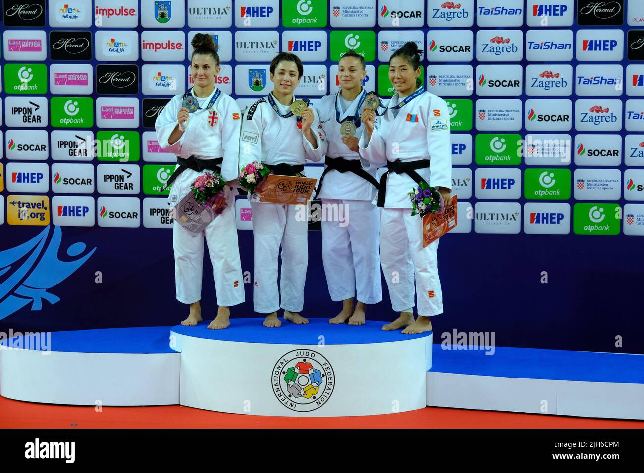 Awarding medals, 57 kg, women during the IJF World Tour Zagreb Grand ...