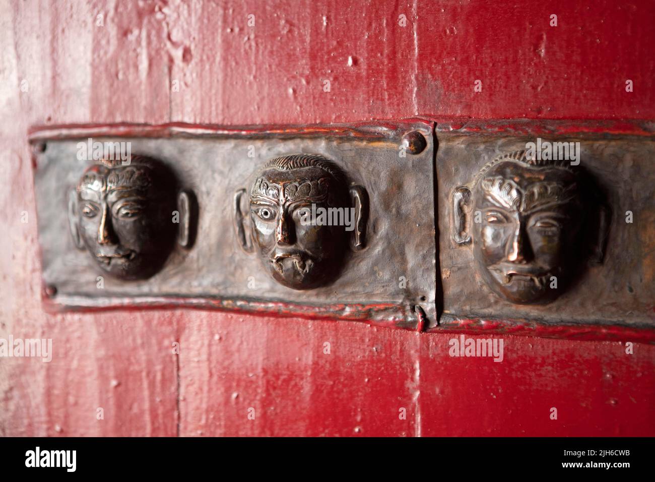 Metal ornaments on a monastery door, Diskit Monastery or Deskit Gompa, Hunder, Nubra Valley, Ladakh, India Stock Photo