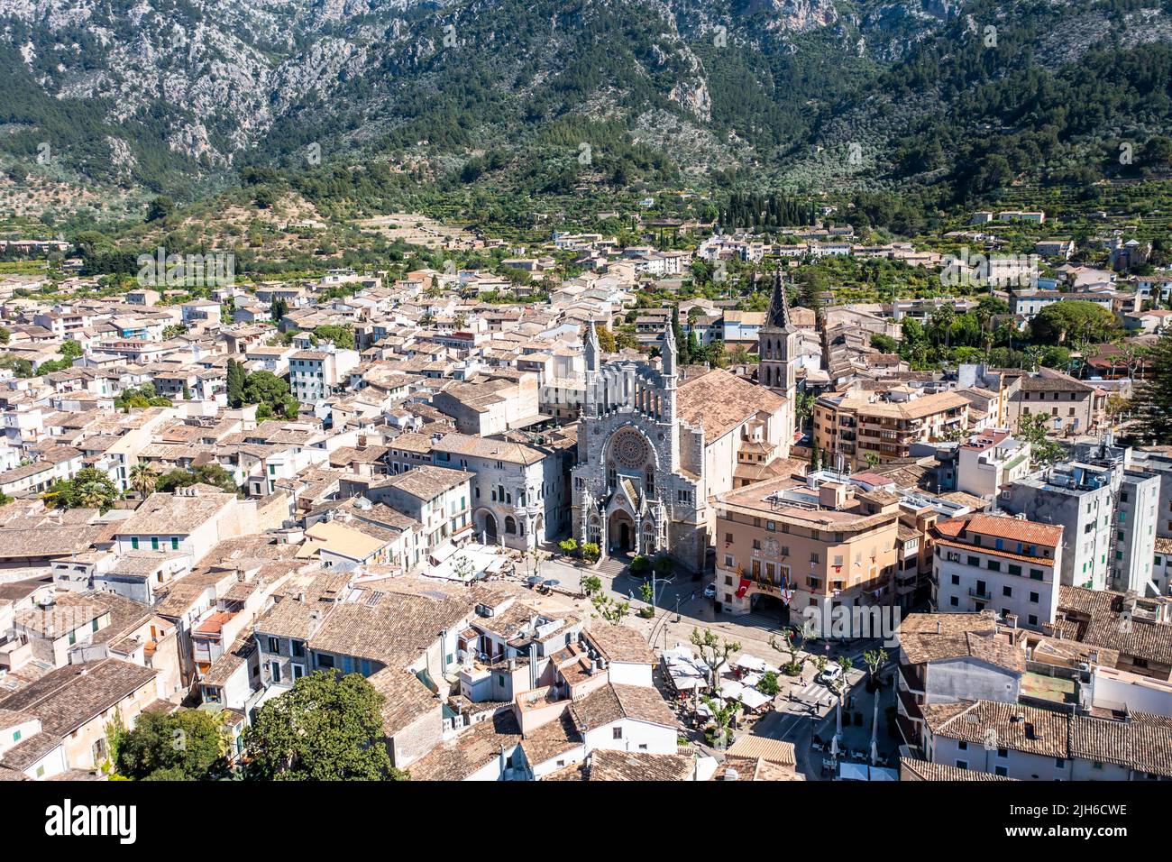 Solle Town Aerial view, old town of Soller, with church of St. Bartholomew, Roman ...