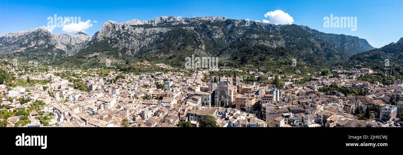Solle Town Aerial view, old town of Soller, with church of St. Bartholomew, Roman ...