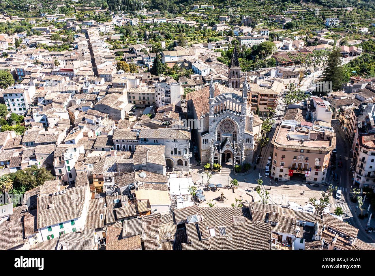 Solle Town Aerial view, old town of Soller, with church of St. Bartholomew, Roman ...