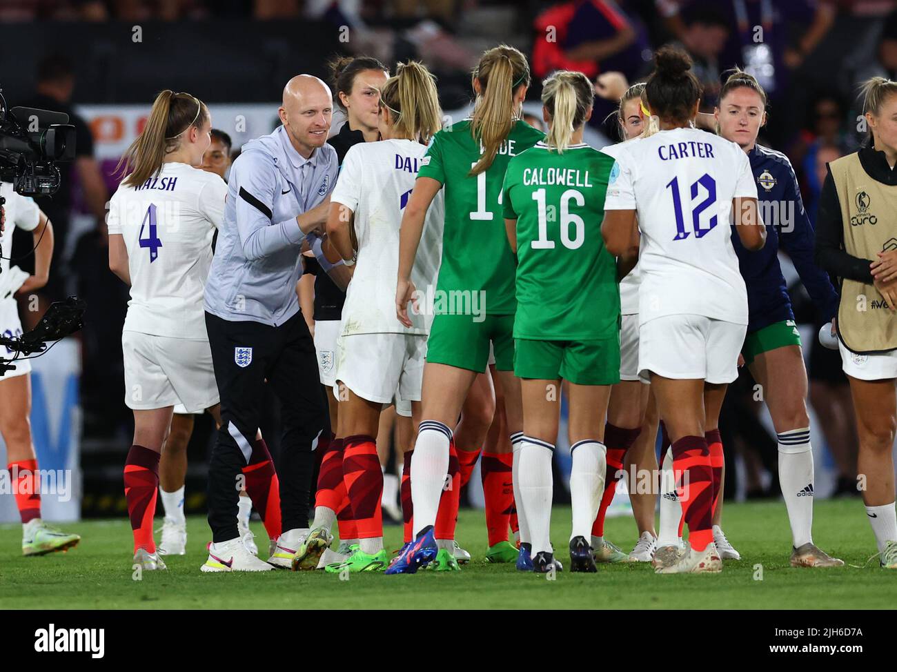 Southampton, UK, 15th July 2022.   Assitant England coach  Arjan Veurink congratulates the players during the UEFA Women's European Championship 2022 match at St Mary's Stadium, Southampton. Picture credit should read: David Klein / Sportimage Credit: Sportimage/Alamy Live News Stock Photo