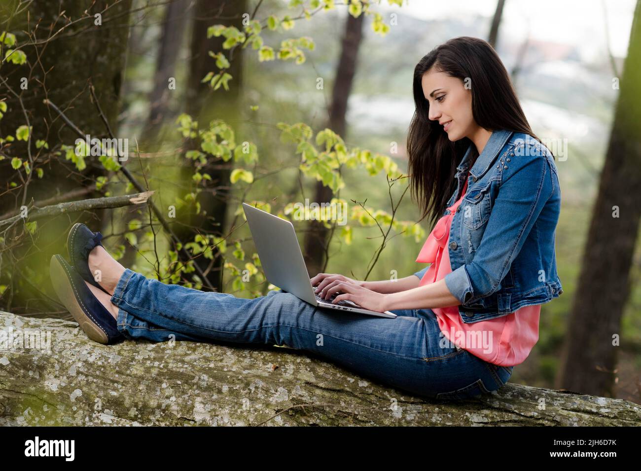 Young woman sitting in the forest with laptop Stock Photo - Alamy