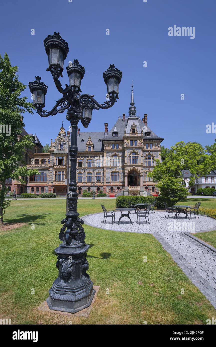 Lieser Castle built 1885 Historicism with garden and candelabra in Lieser, Bernkastel-Kues, Middle Moselle, Moselle, Rhineland-Palatinate, Germany Stock Photo