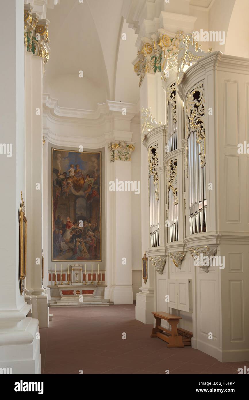 Interior with organ and painting of the neo-baroque Jesuit Church in ...