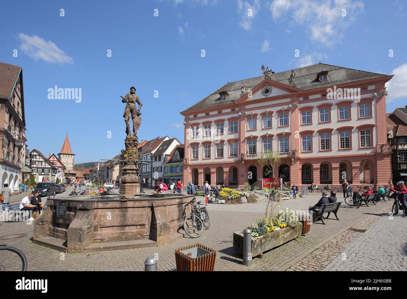 Town Hall Square, Rathausplatz with Market Fountain and Town Hall in Gengenbach, Ortenau, Southern Black Forest, Black Forest, Baden-Wuerttemberg Stock Photo