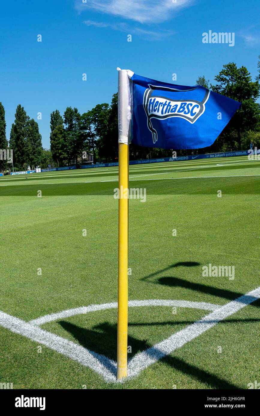 Football pitch, blue corner flag with Hertha BSC logo, Berlin, Germany