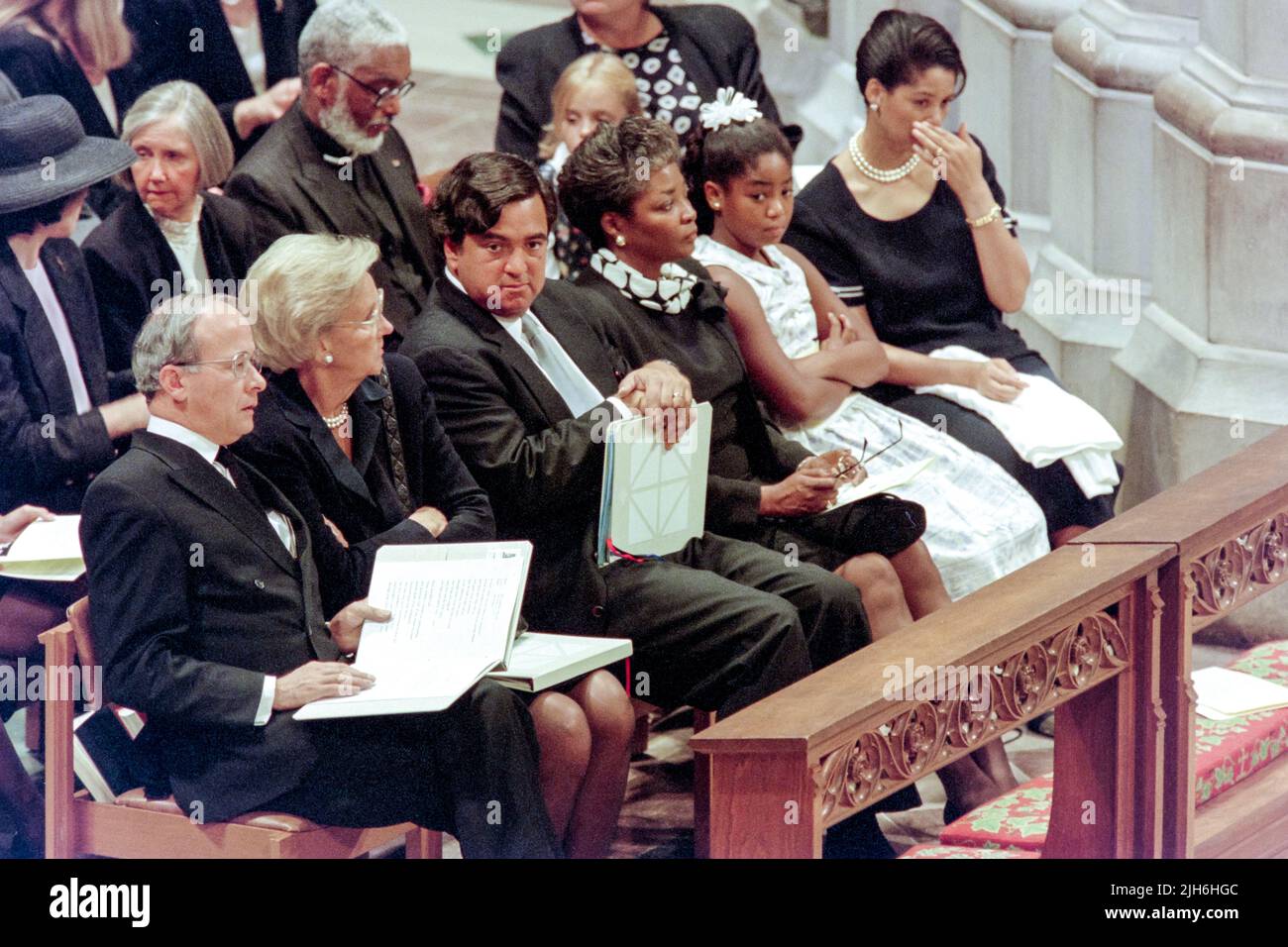 British Ambassador to the U.S. Sir John Kerr, left, sits with the invited guests during a memorial and prayer service to Diana, the Princess of Wales, on the occasion of her death at the Washington National Cathedral, September 6, 1997, in Washington, D.C. Sitting next to Kerr are Chairwoman of the Washington Post Katharine Graham, U.S. ambassador to the United Nations Bill Richardson, Mary Ellen Walker, Latoya Kazzie-Neil, and Angela Neil. Stock Photo