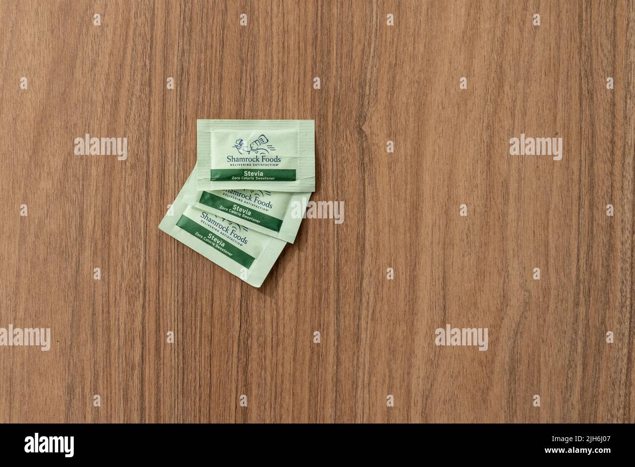 Colorado Springs, CO - July 6, 2022: Shamrock Foods individual packets of Stevia Zero Calorie Sweetener. Stock Photo