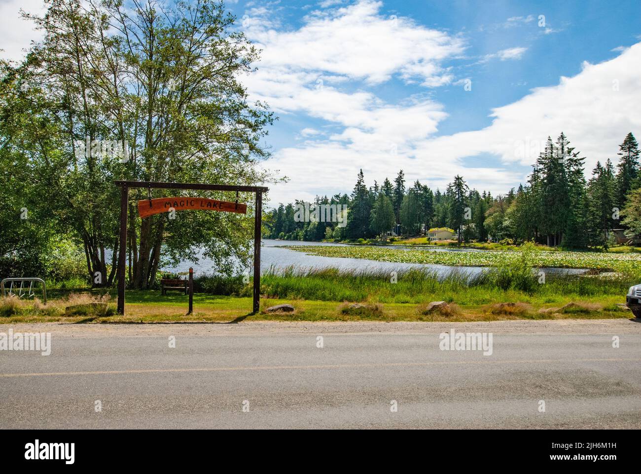 Magic Lake sign, North Pender Island, British Columbia, Canada Stock