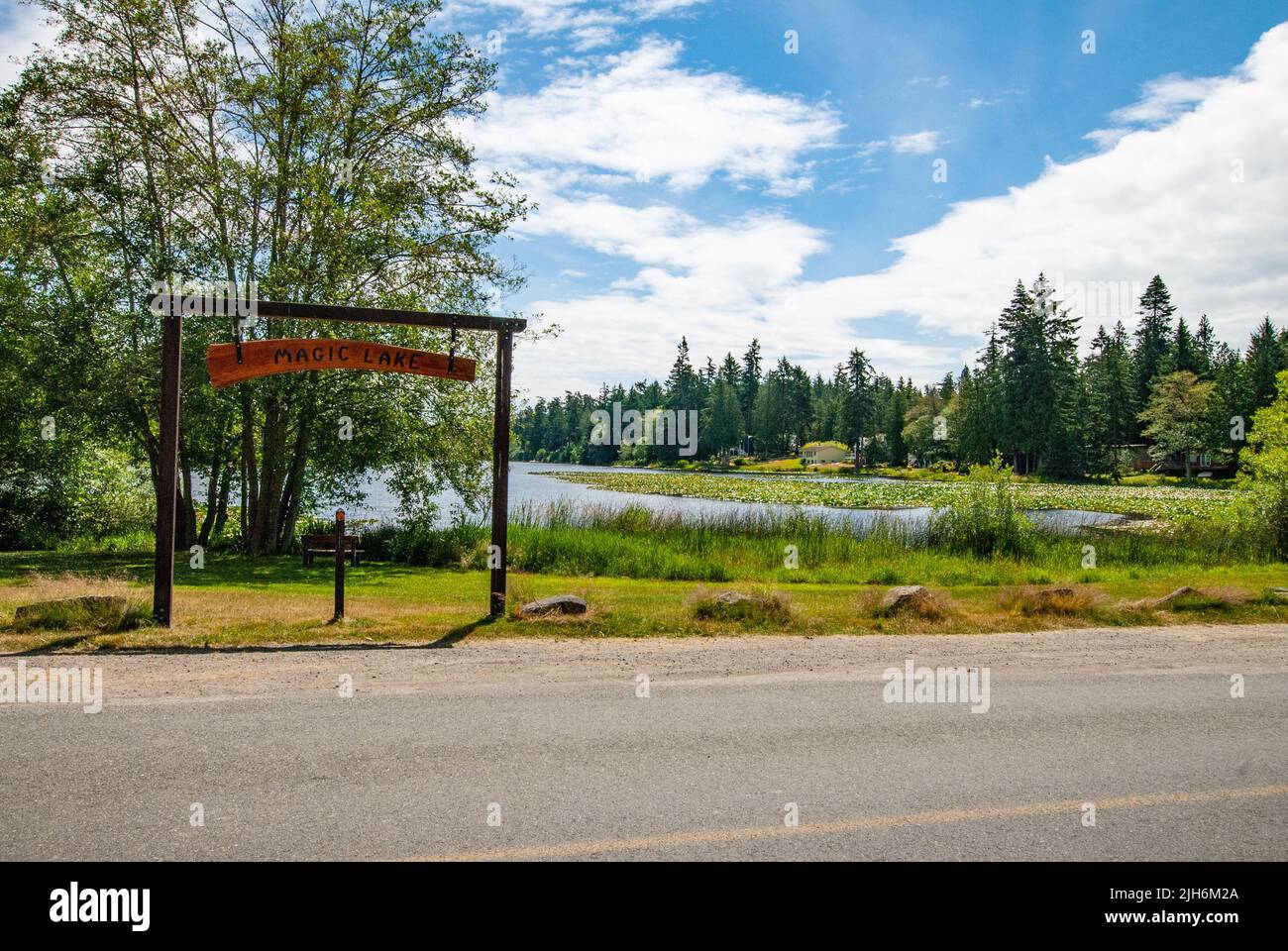 Magic Lake sign, North Pender Island, British Columbia, Canada Stock