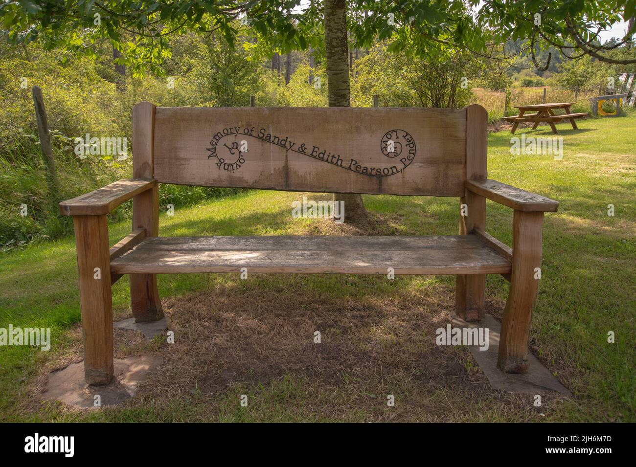 Pearson Memorial Bench at Pender Island Community Centre Stock Photo