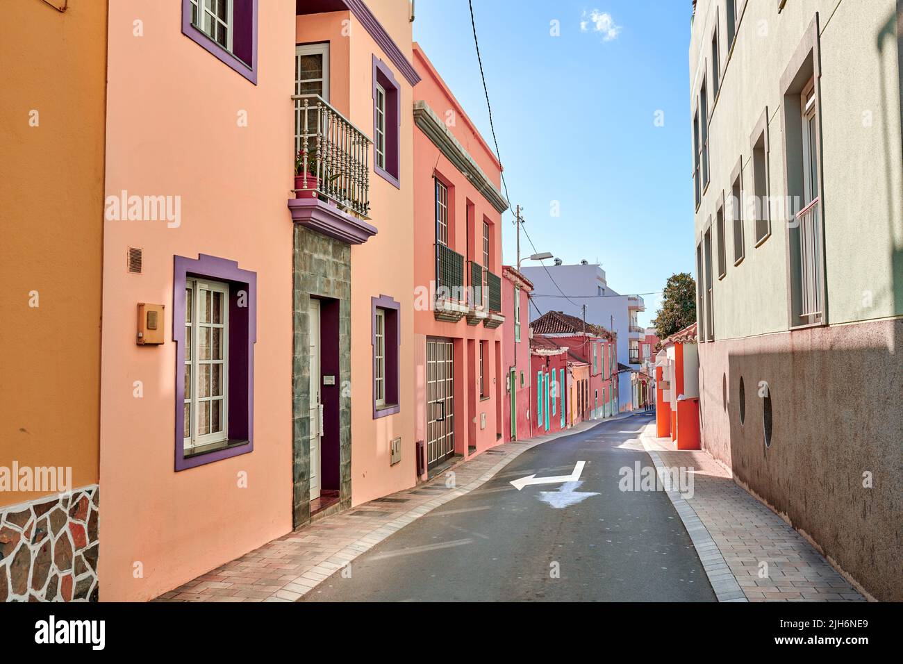 Historical city street view of residential houses in small and narrow