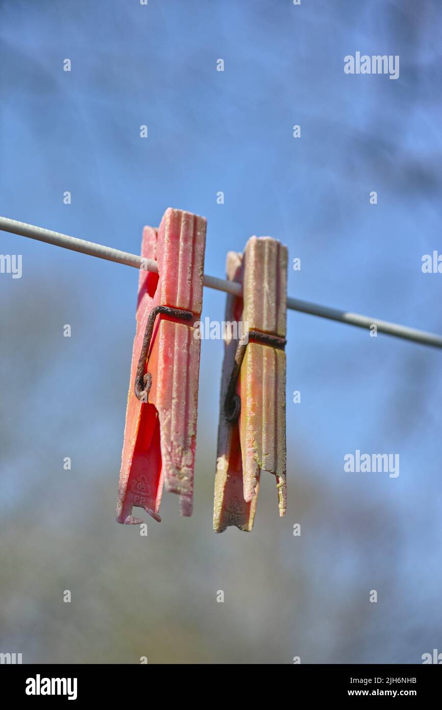 Plastic material decay, crack and discoloration on household objects caused by UV radiation. Closeup details of old pegs on a clothing line outdoors Stock Photo