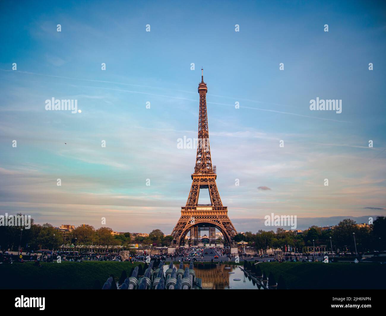 Beautiful view of the Eiffel Tower at night and illuminated. Stock Photo
