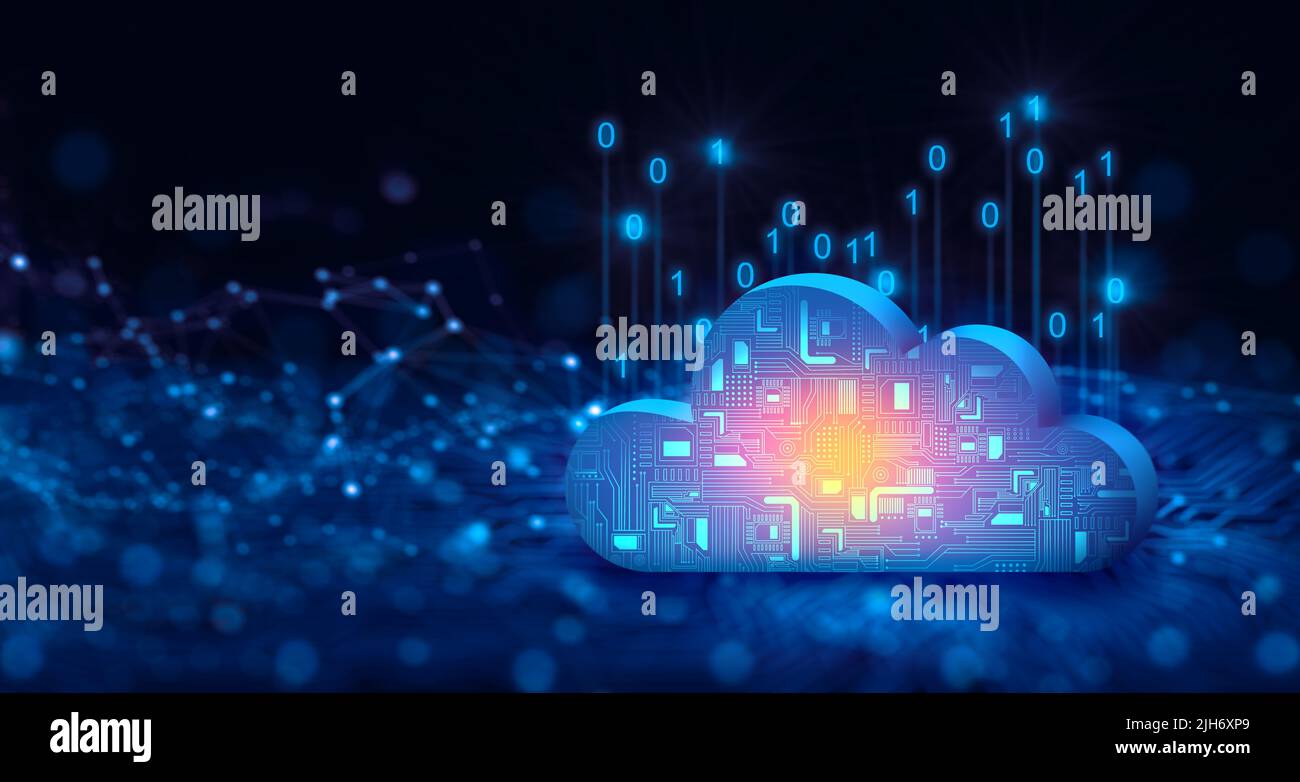 Cloud computing technology internet on Converging point of circuit with Abstract blue background. Cloud Service, Cloud Storage Concept. 3D Render. Stock Photo