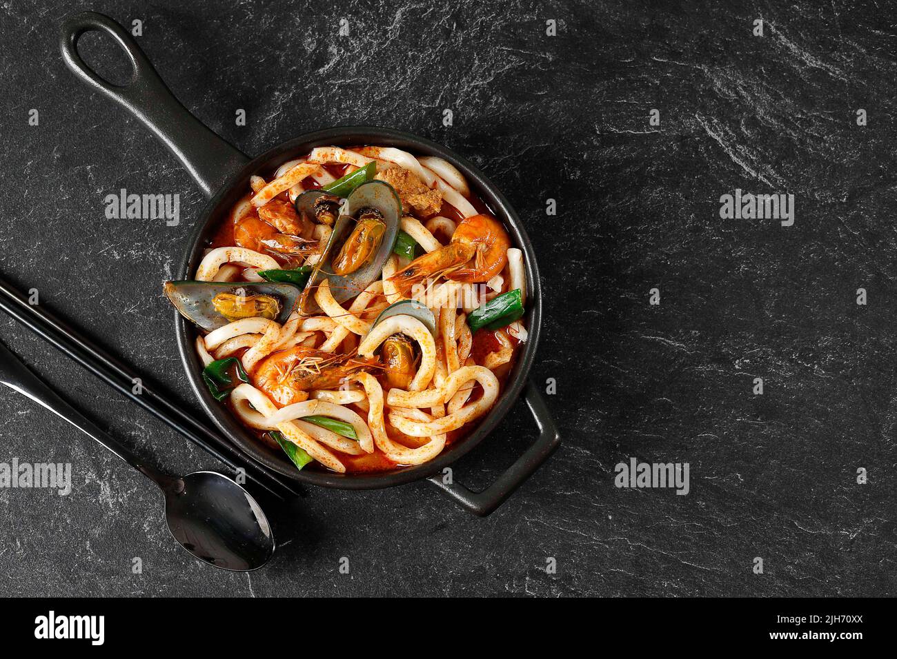 Seafood Udon Noodles or Jjampong, Korean Food Style with Chinese