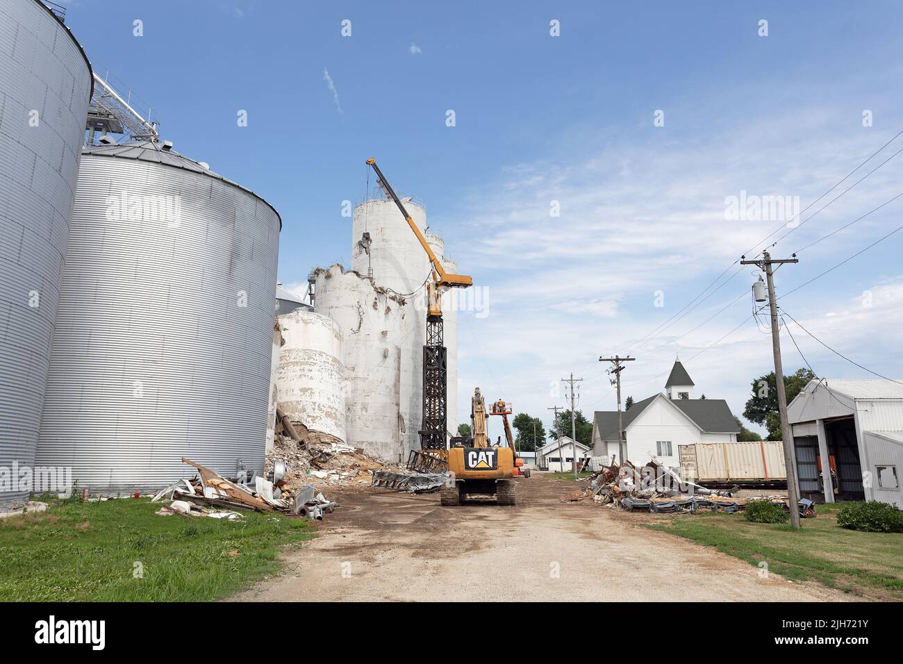 Demolition of concrete grain bins at the Agriway grain elevator in