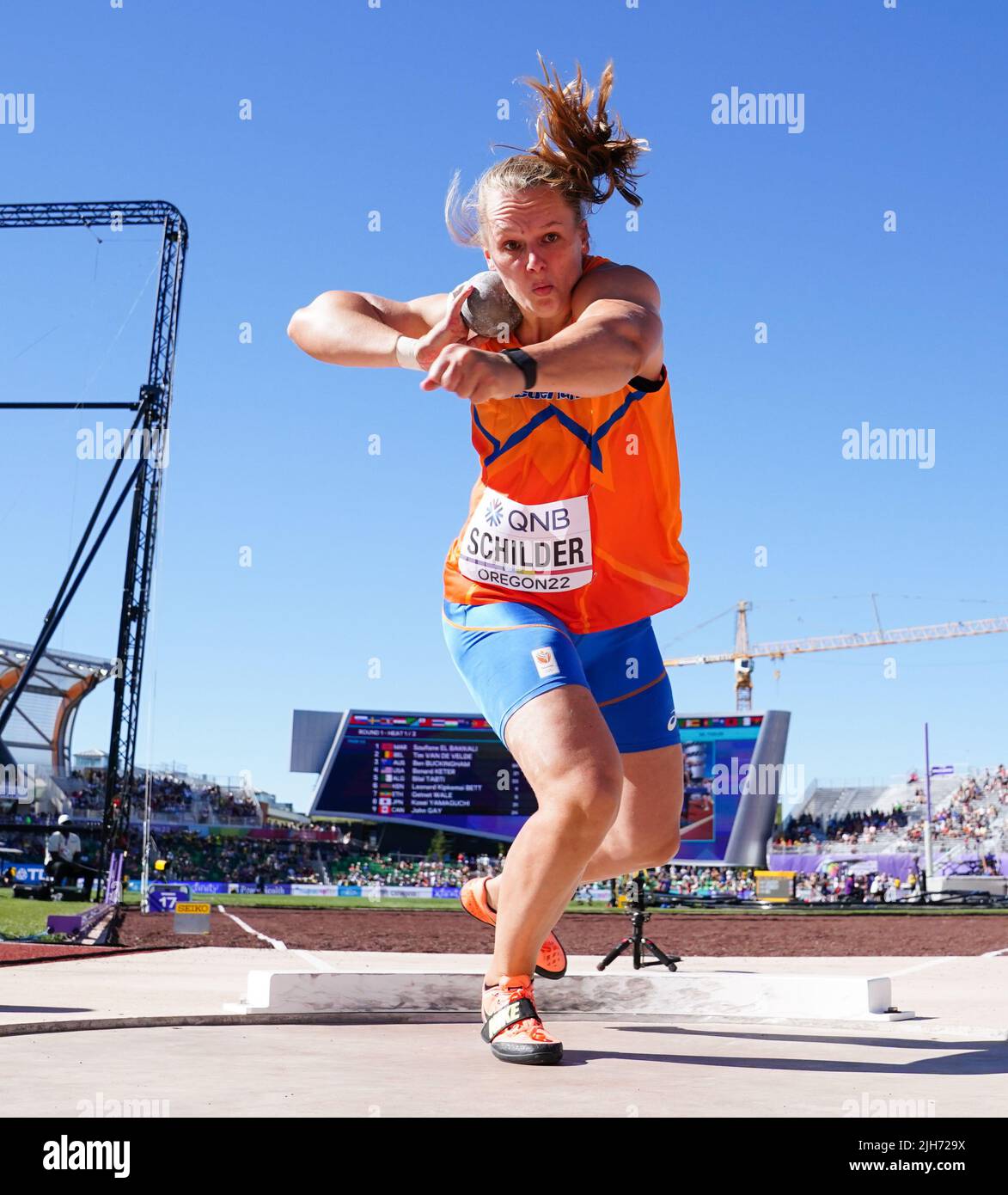 Netherland’s Jessica Schilder during the Women’s Shot Put qualifying round, Group B on day one of the World Athletics Championships at Hayward Field, University of Oregon in the United States. Picture date: Friday July 15, 2022. Stock Photo