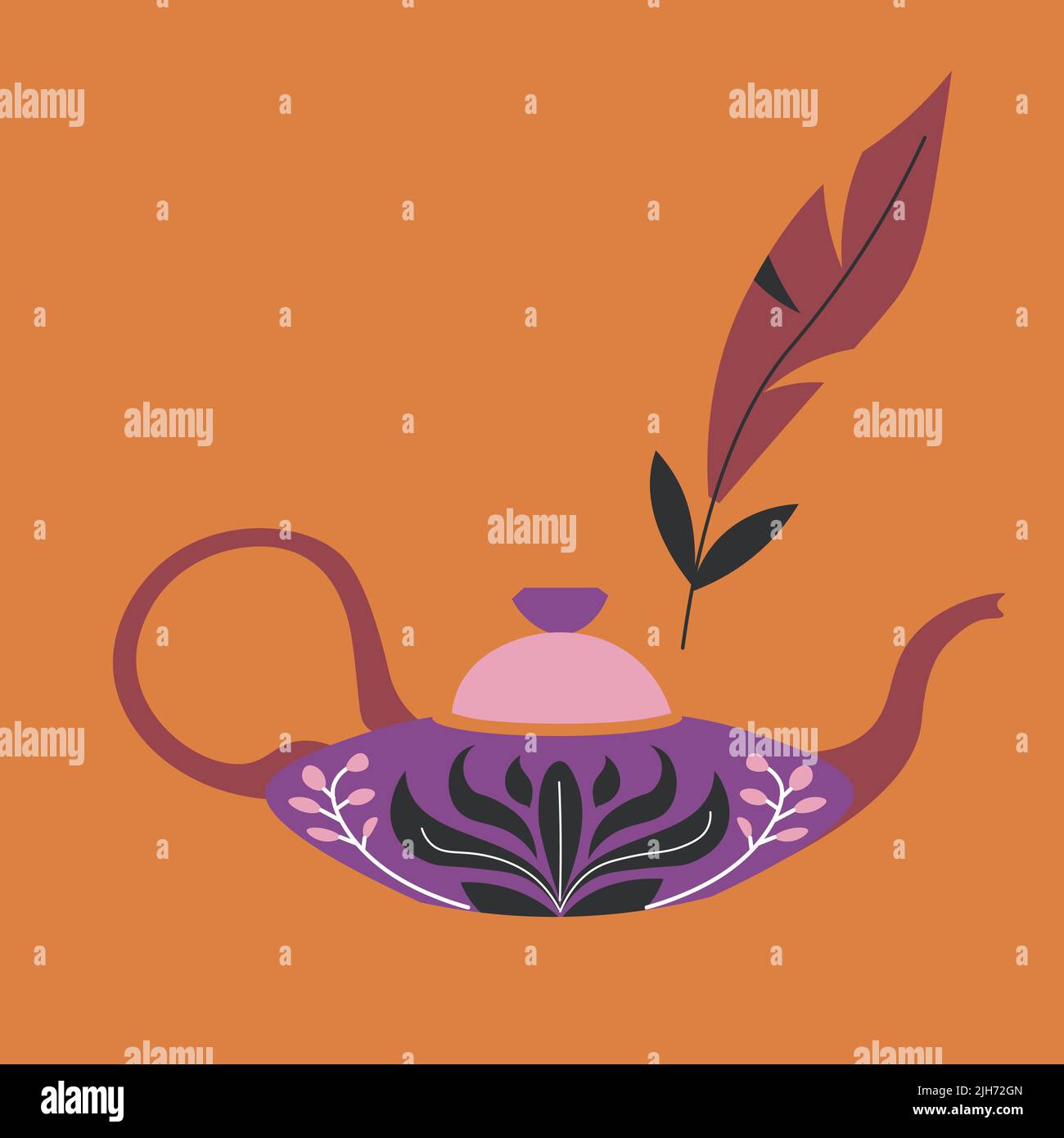 Kettle or pot with ornaments and feather decor Stock Vector