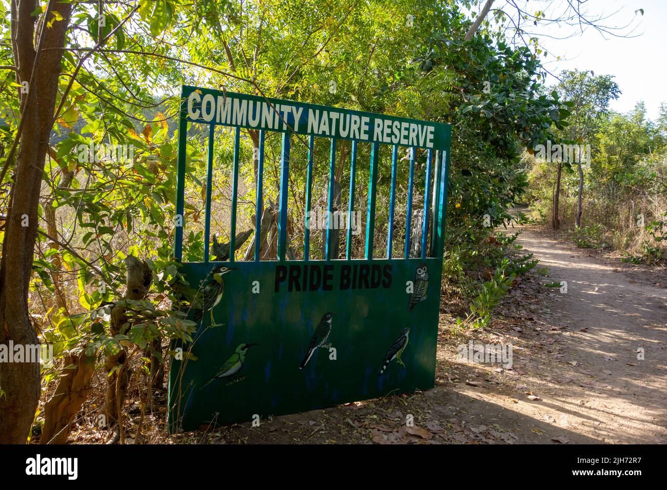KULORO, THE GAMBIA - FEBRUARY 8, 2022 green gate to the Farasutu Forest Reserve Stock Photo