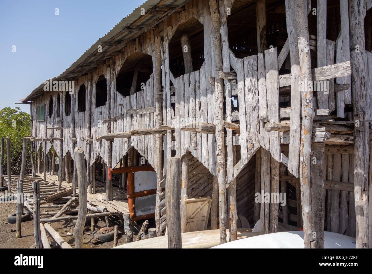 LAMIN, THE GAMBIA - FEBRUARY 6, 2022 outside of the almost derelict building and watch tower Stock Photo