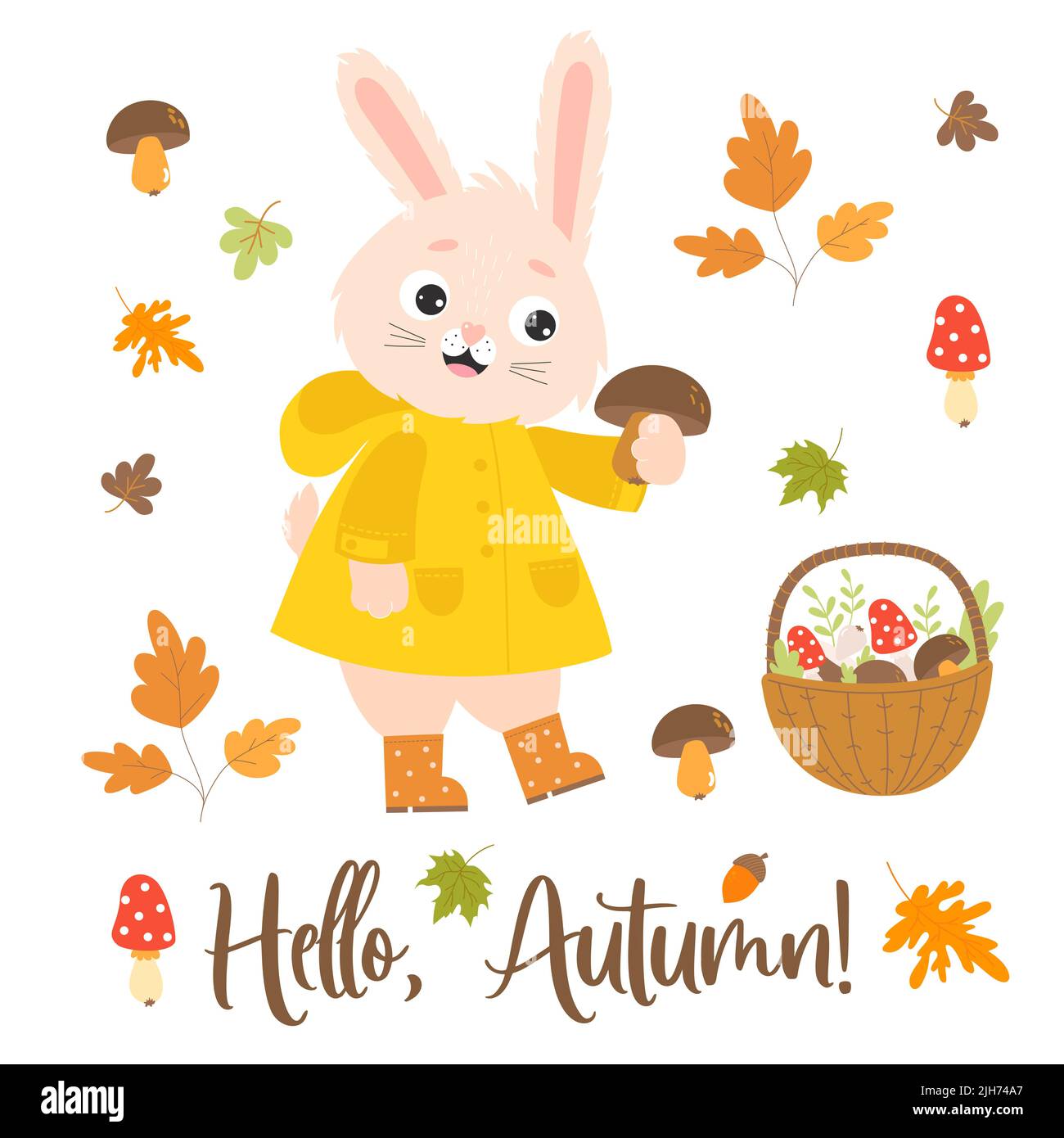 Autumn cute rabbit in raincoat and rubber boots picks mushrooms. Wicker basket with mushrooms and falling autumn leaves. Vector illustration. Isolated Stock Vector