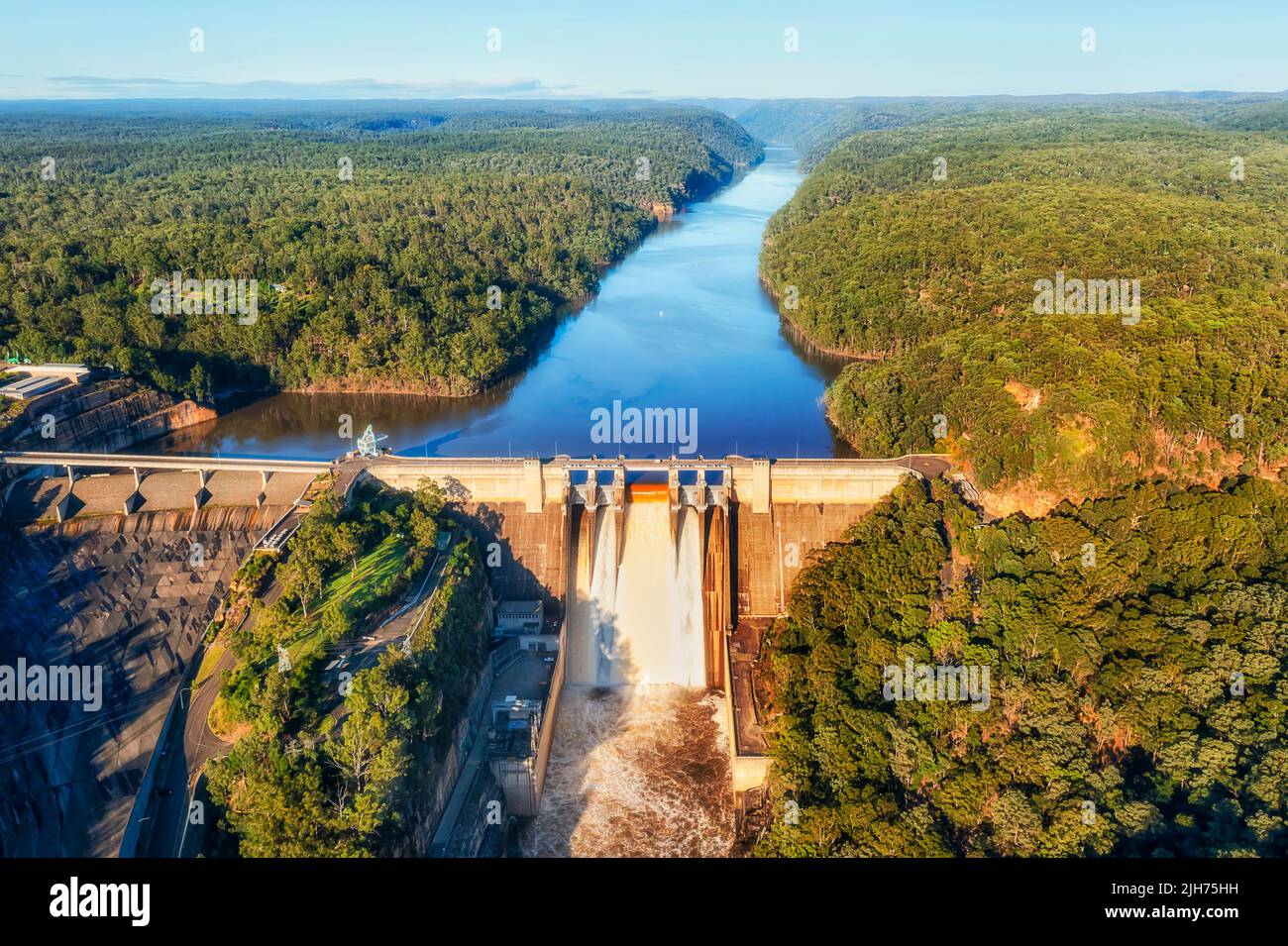 Spilling overflowing Warragamba dam in Greater Sydney Blue Mountains of Australia after strong torrential rains. Stock Photo