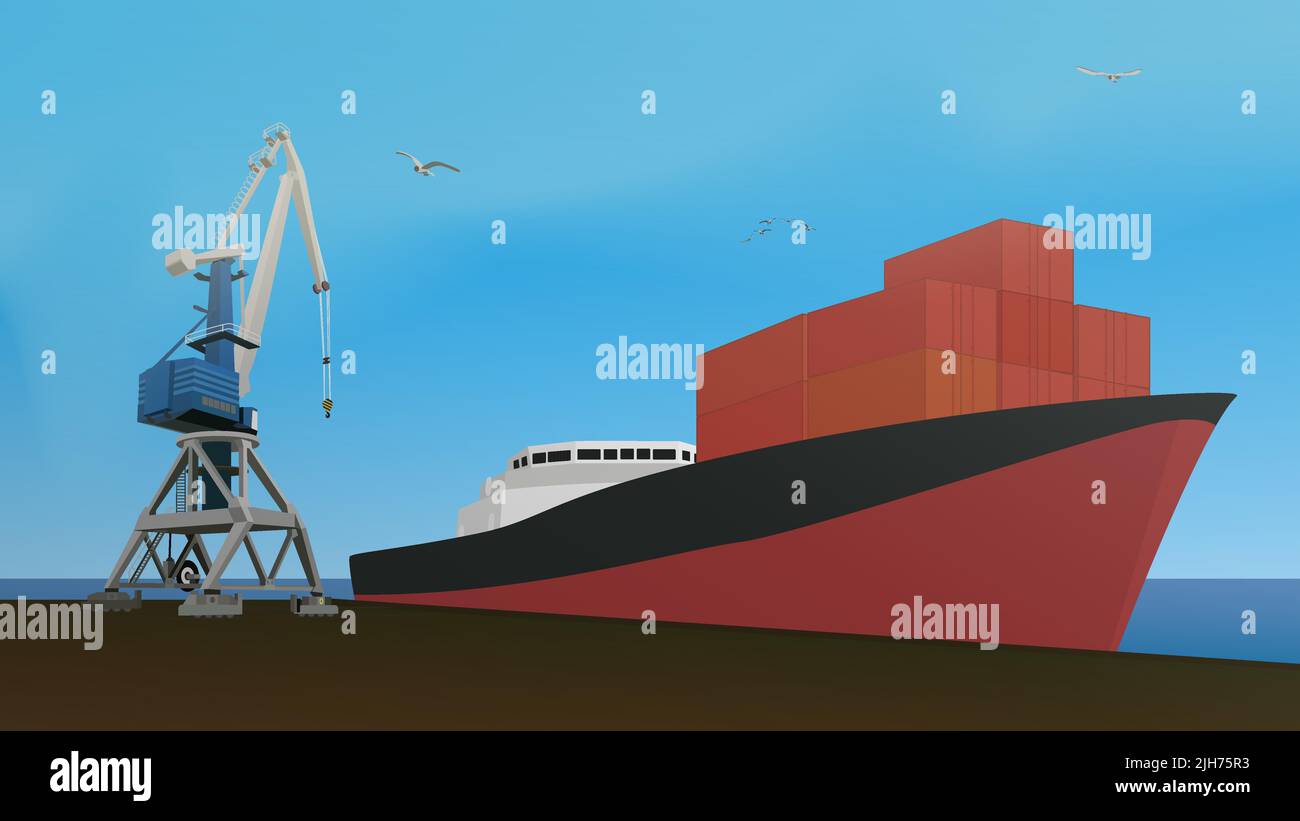 Cargo crane and container ship in port. Vector illustration Stock ...