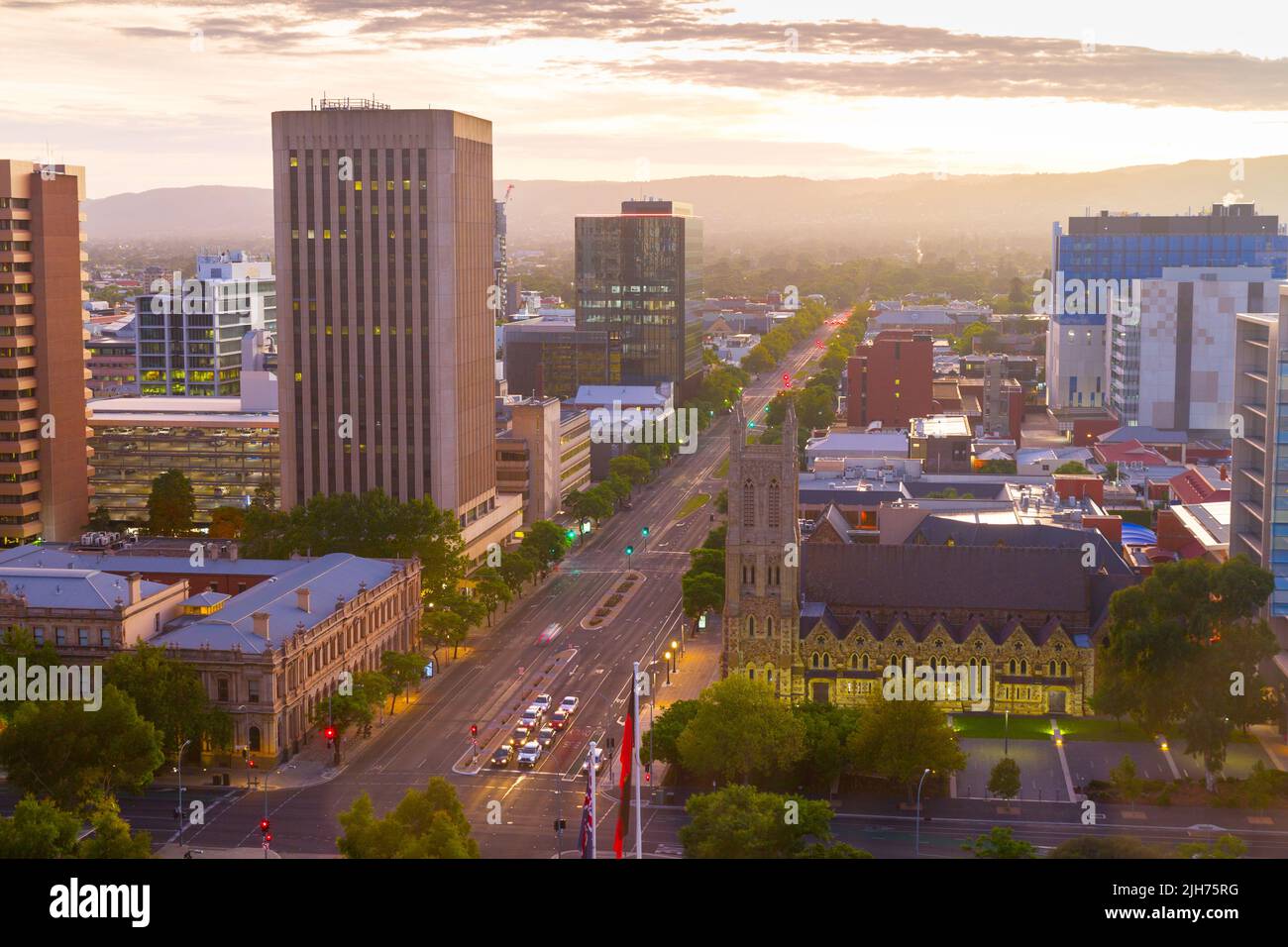 Adelaide in South Australia, seen at dawn from Victoria Square looking east along Wakefield