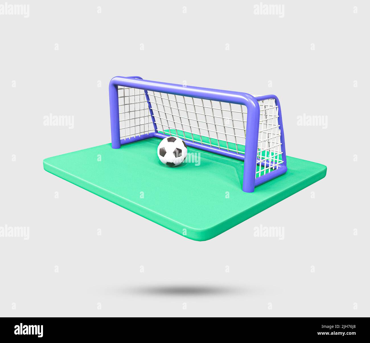 Football goal post 3d icon. Realistic soccer ball and goal bar icon. Football concept 2022. Green Football field with goal post. soccer goal, field Stock Photo