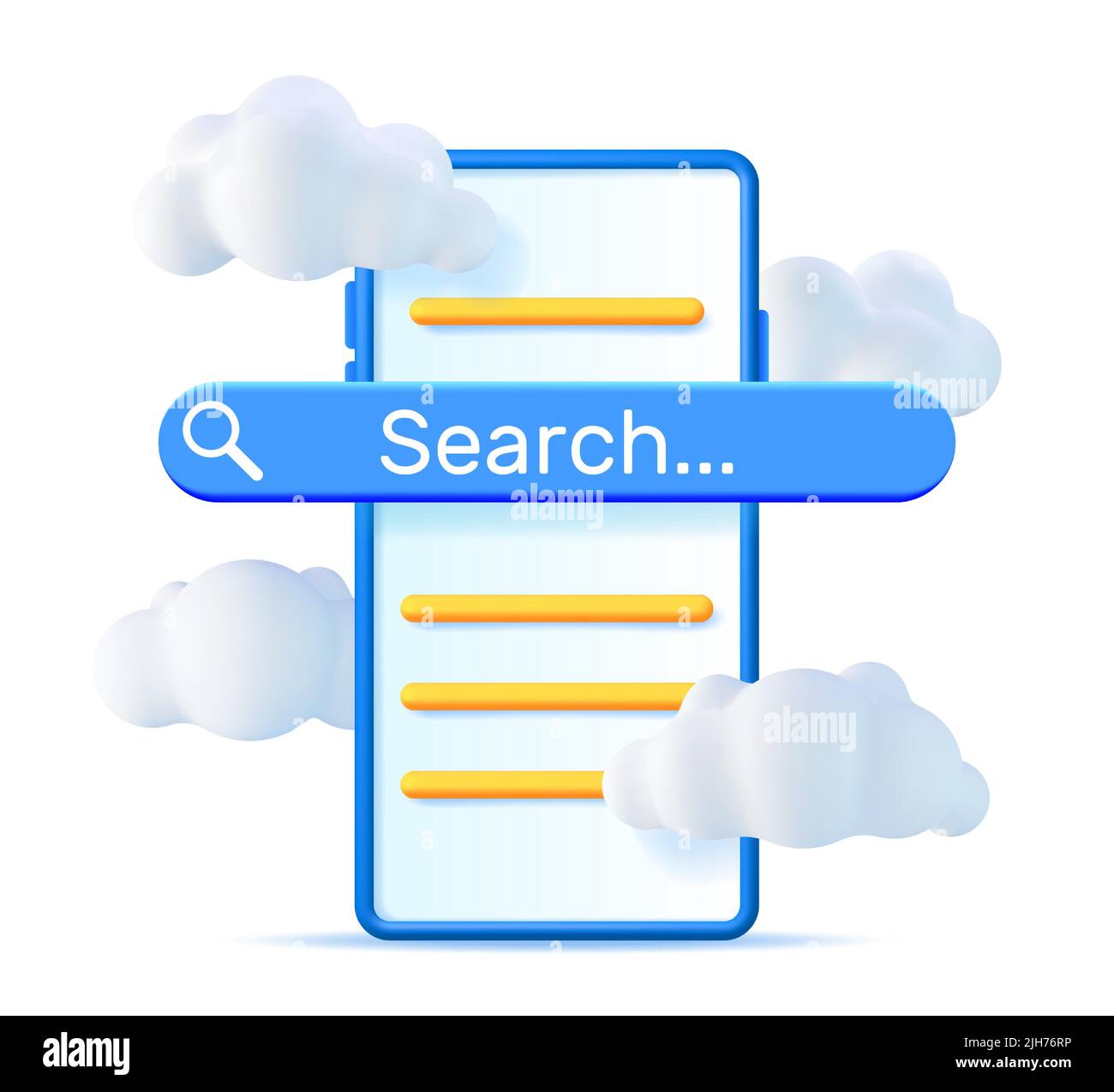 3D Smartphone with Search Bar in Clouds Isolated. Stock Vector