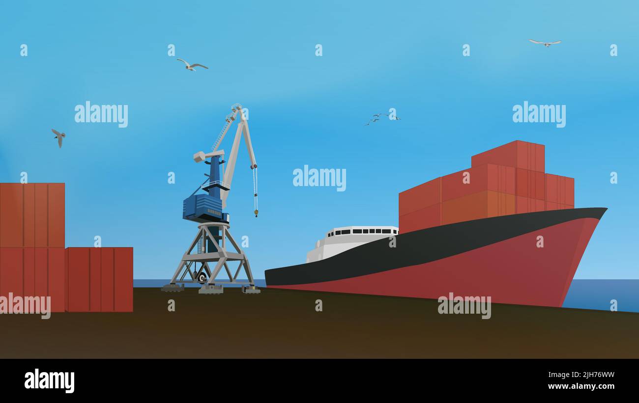 Container ship in port and cargo crane. Vector illustration. Stock Vector
