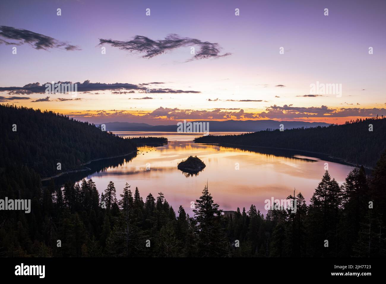 Blue hour overlooking Emerald Bay, Lake Tahoe CA Stock Photo