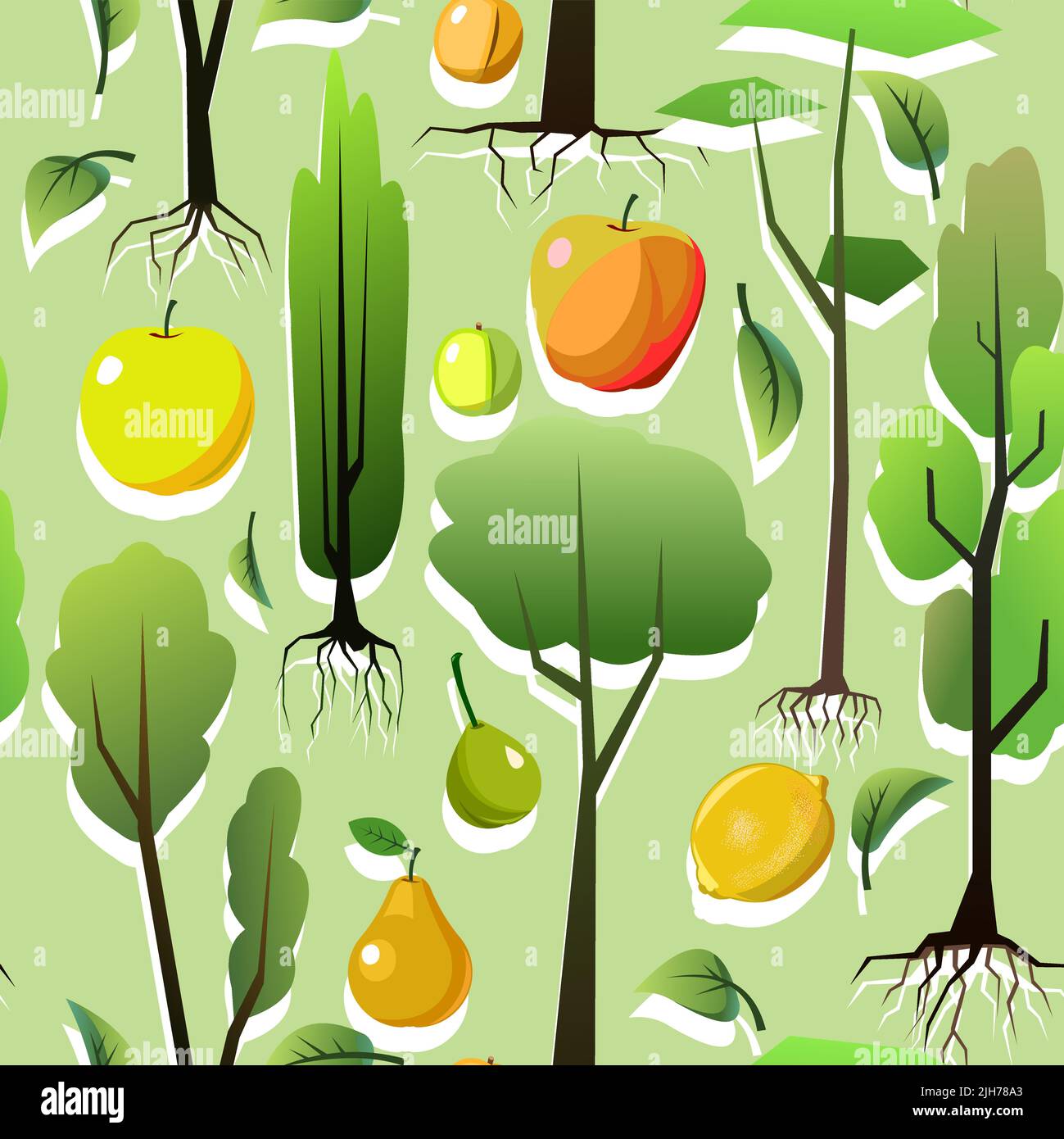 Seedlings of young trees with roots. Garden plants. Fruit plantings. Seamless pattern. Vector. Stock Vector