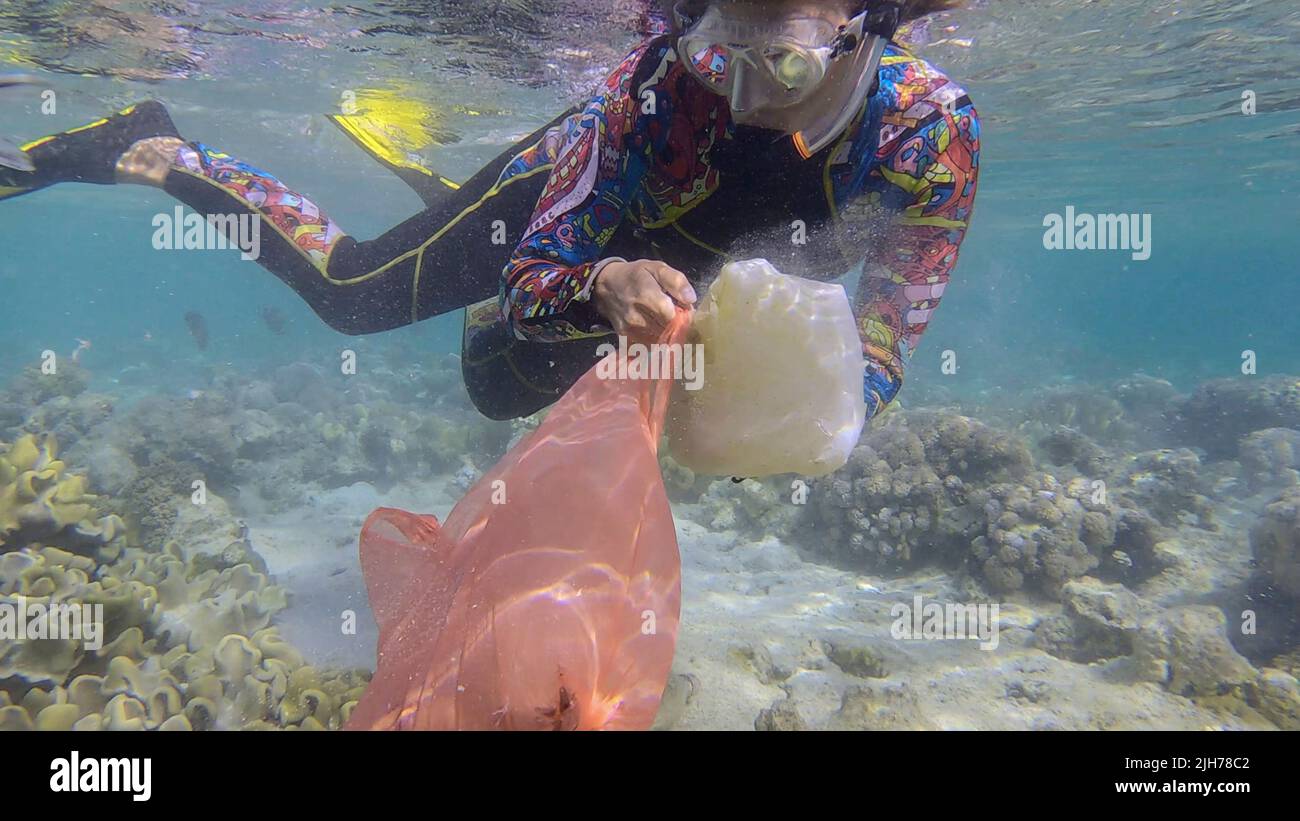 Woman in diving equipment swims and collects plastic debris underwater