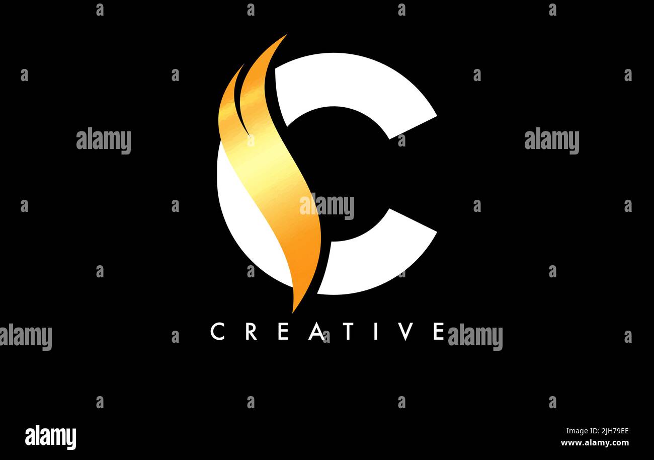 Letter C Logo Icon Golden with Golden Swoosh and Creative Cut Curved ...