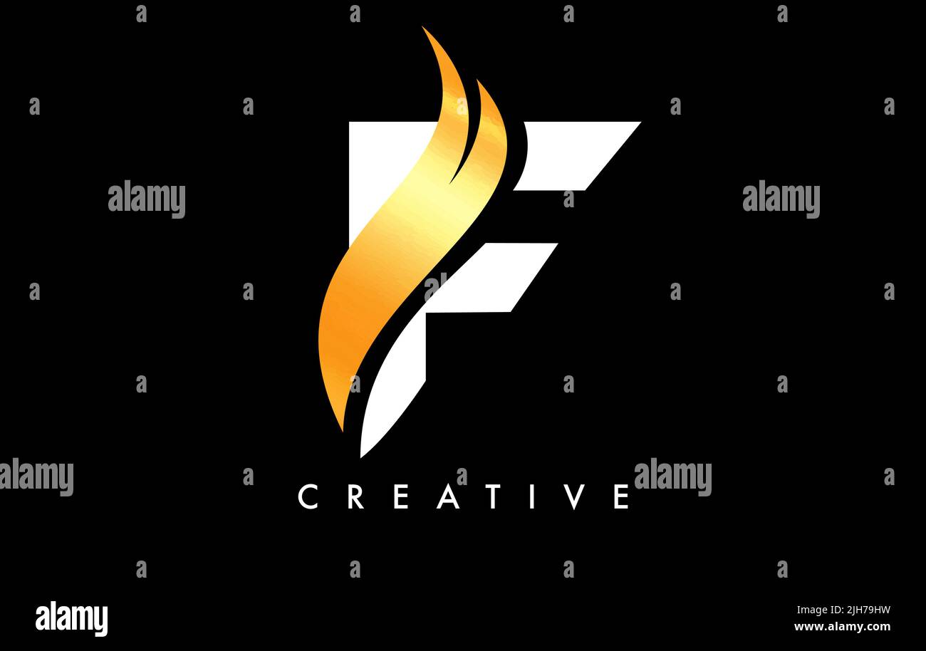 Letter F Logo Icon Design with Golden Swoosh and Creative Cut Curved ...