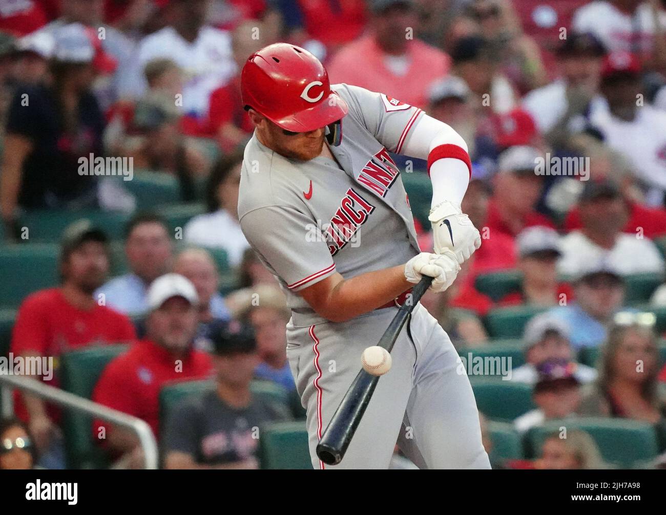 St. Louis, United States. 16th July, 2022. Cincinnati Reds Brandon Drury connects on a ball good for a single in the first inning against the St. Louis Cardinals at Busch Stadium in St. Louis on Friday, July 15, 2022. Photo by Bill Greenblatt/UPI Credit: UPI/Alamy Live News Stock Photo