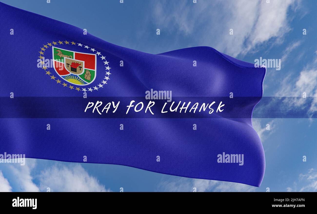 Flag of Luhansk, Pray for Luhansk region of Ukraine, pray for Ukraine,  flag Ukraine region and blue sky background, 3D work and 3D illustration Stock Photo