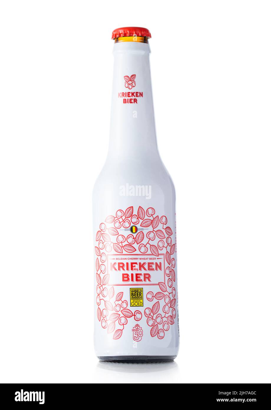 LONDON,UK - JUNE 30, 2022: Bottle of Krieken bier beer on white background. Stock Photo