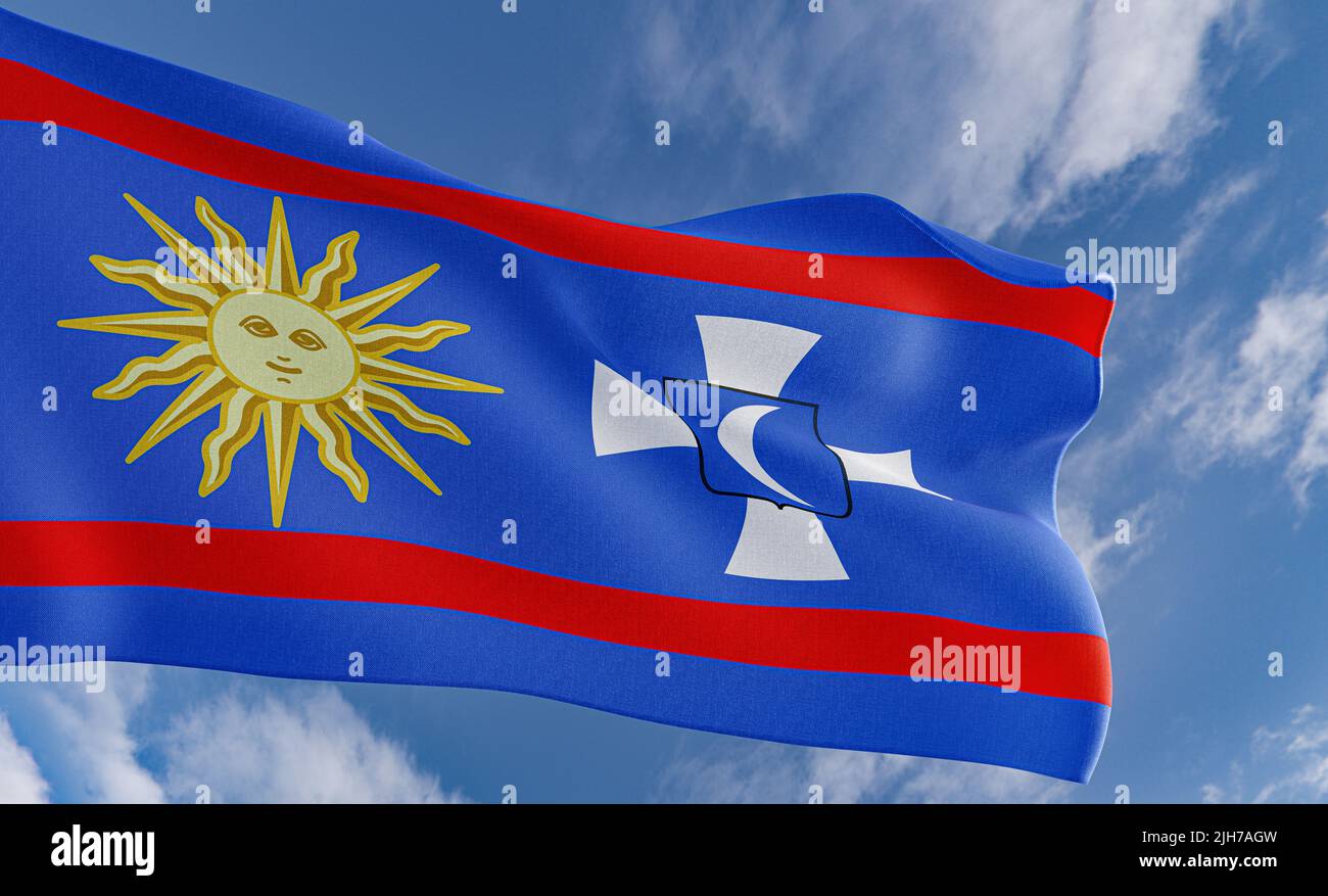 Flag of Vinnytsia, Pray for Vinnytsia region of Ukraine, pray for Ukraine,  flag Ukraine region and blue sky background, 3D work and 3D illustration Stock Photo