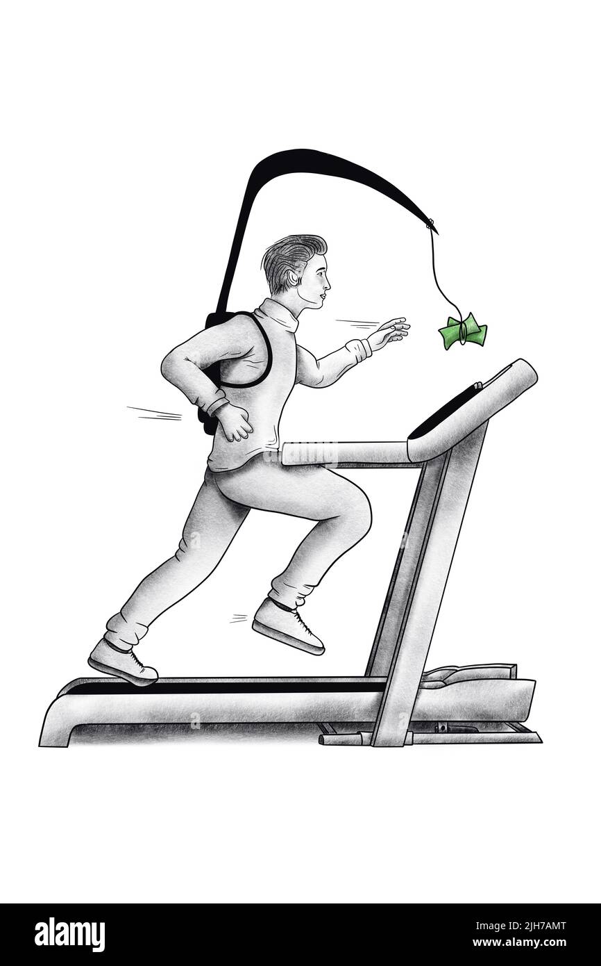 Earn money. Man running on treadmill. Trying to reach for money. Count in place. Digital drawing. Stock Photo