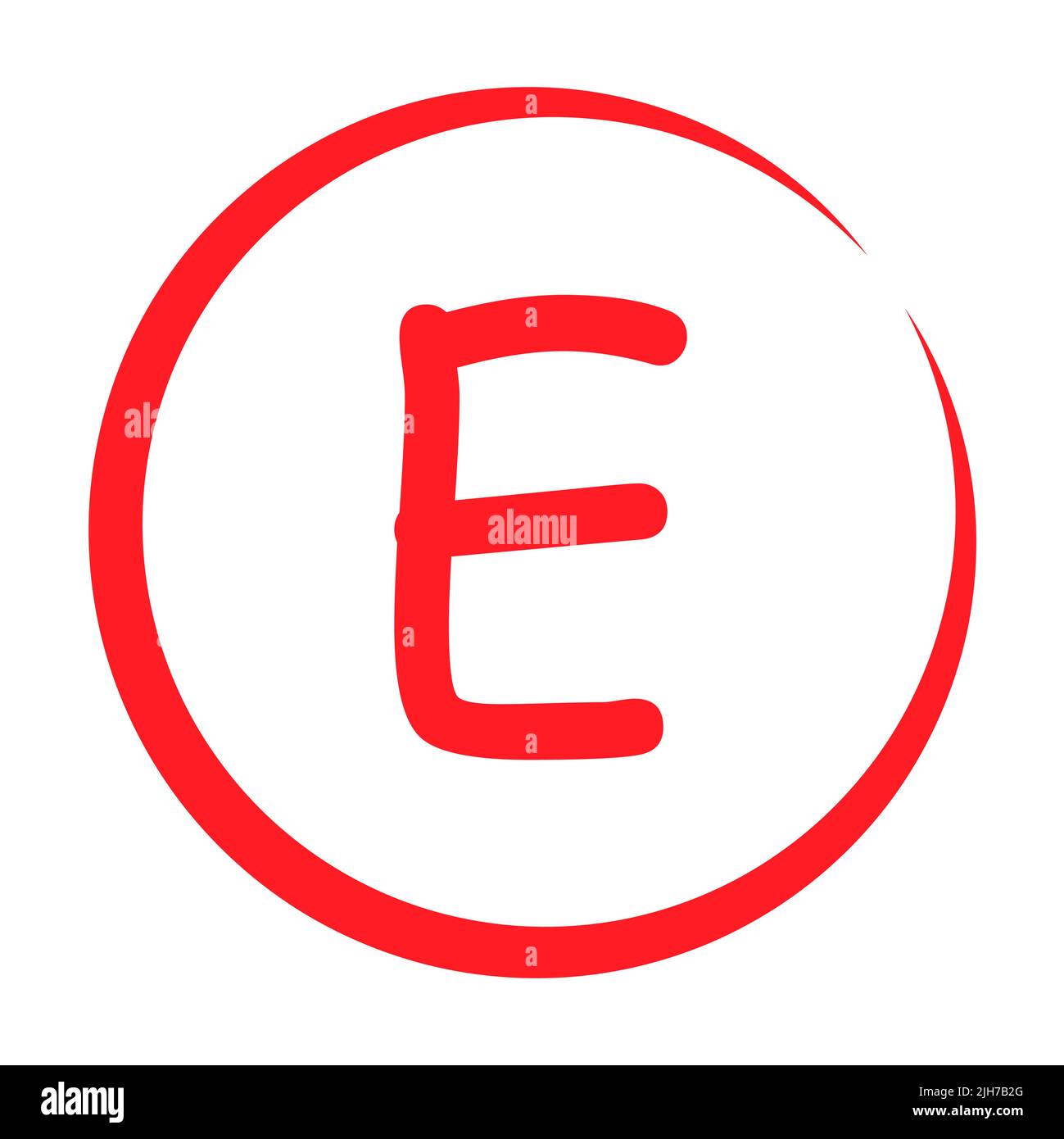 Grade result E . Hand drawn icon in red color. Test exam mark report